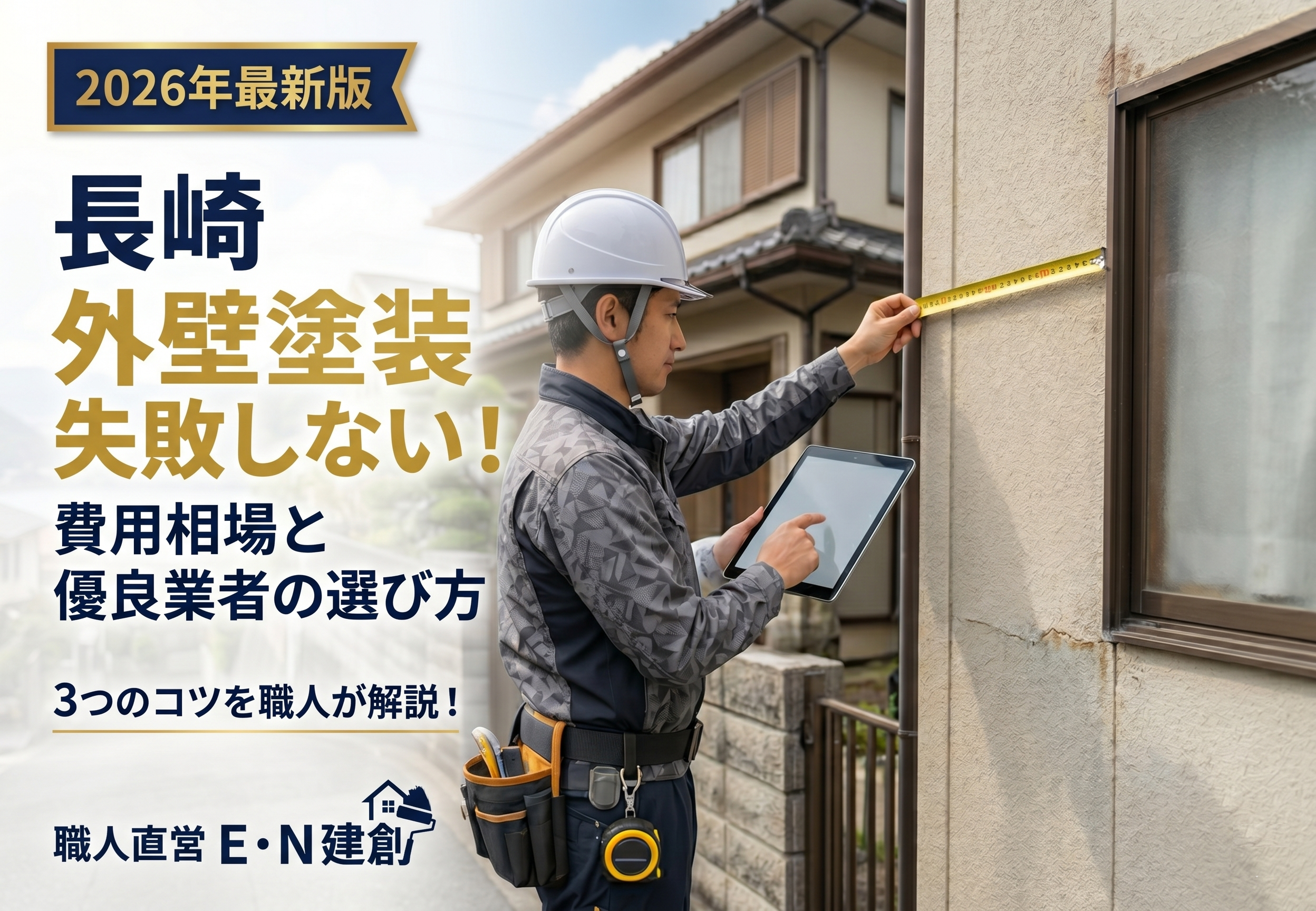【2026年最新版】長崎の外壁塗装で失敗しない！費用相場と優良業者の選び方、3つのコツを職人が解説！職人直営Ｅ・Ｎ建創のブログ記事アイキャッチ画像。