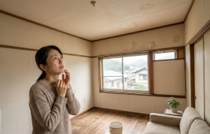 長崎の和風住宅の室内で、天井のシミを心配そうに見上げる女性。窓の外には住宅街と山が見える。